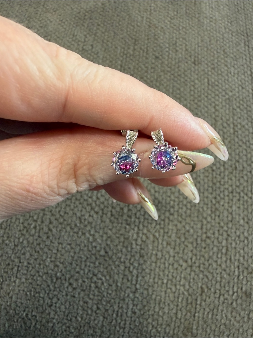 Silver Floral Halo Drop Earrings with Pink-Purple Gemstones
